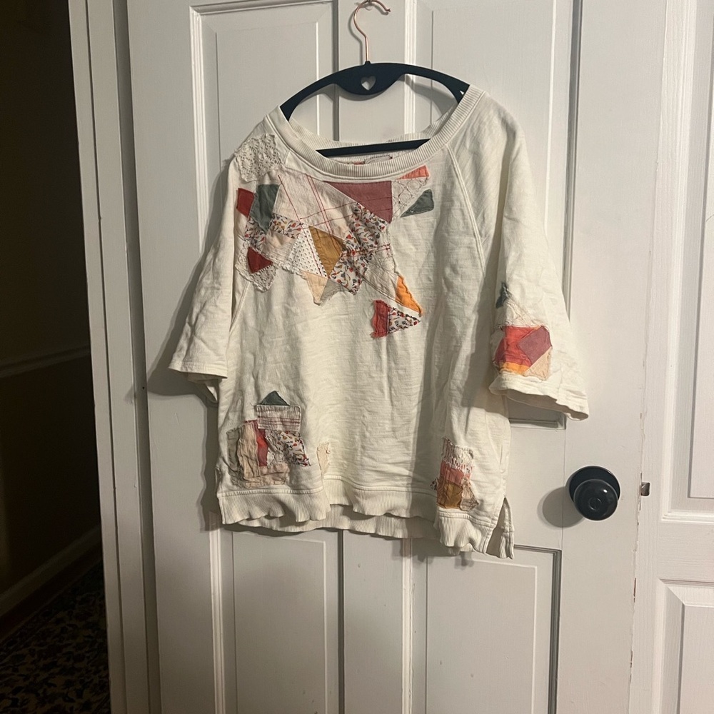 Anthropologie Patchwork Top - Cream, Red, Orange, Gray